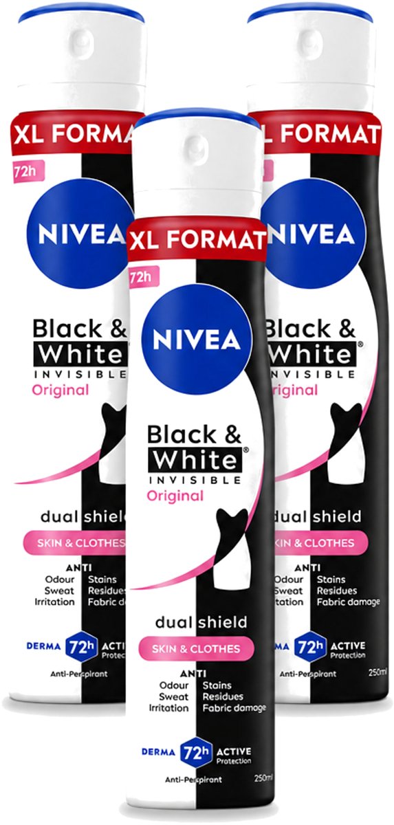 3 x Nivea - Deospray - Invisible Black & White Original - 48 Uur Lang Werkend - 250 ml - Bulkverpakking - 3 stuks