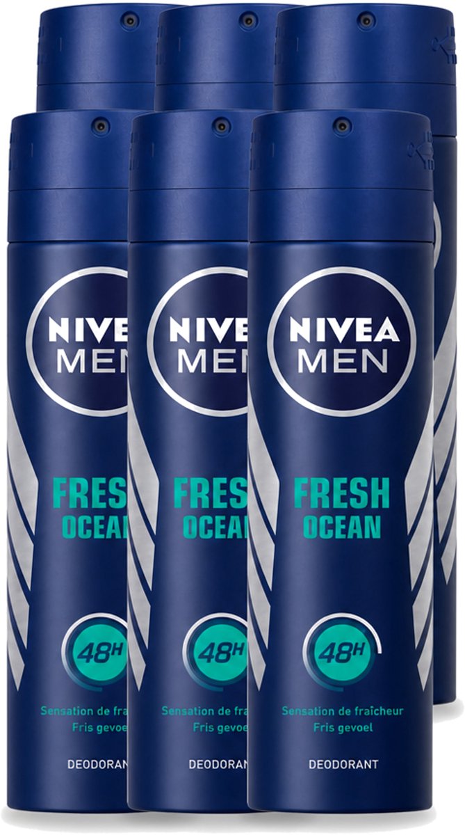 6 x Nivea - Men - Deodorant - Spray - Fresh Ocean - 48 Uur Lang Werkend - 150 ml - Voordeelverpakking - 6 stuks