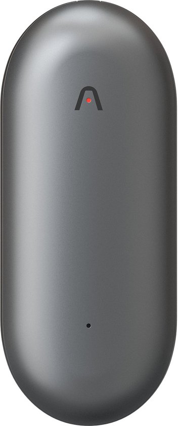 Donkergrijze, ovale recorder met een rode stip bovenaan en een klein gaatje onderaan. Logo 'A' met een rode stip.