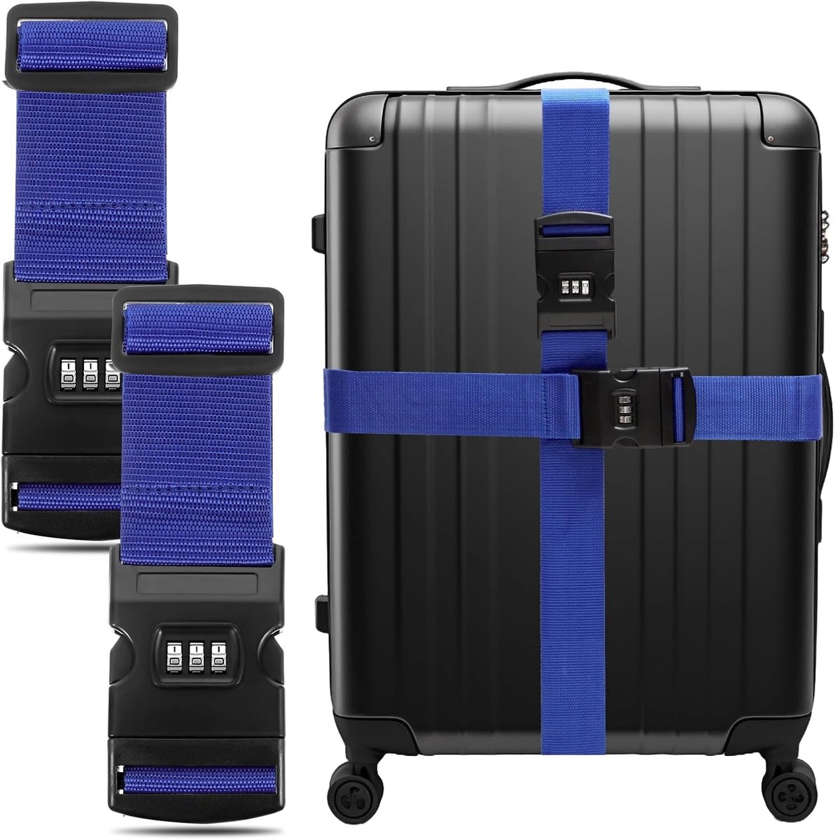 Verstelbare bagagestraps in 2-delige set met code, 88-200 cm, blauw, ideaal voor veilig reizen en het organiseren van bagage