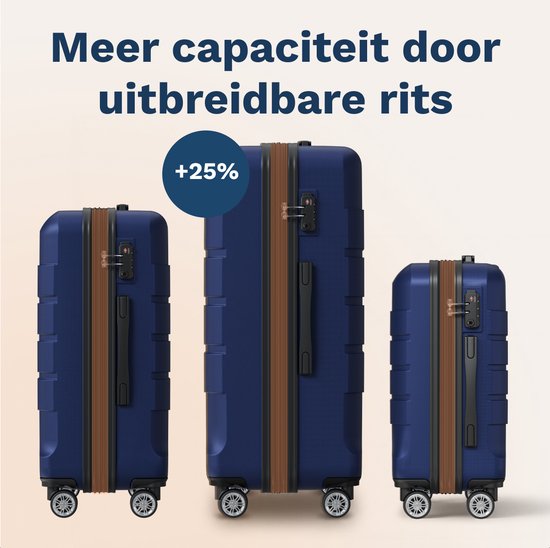 Drie donkerblauwe koffers in verschillende maten met bruine ritsen.