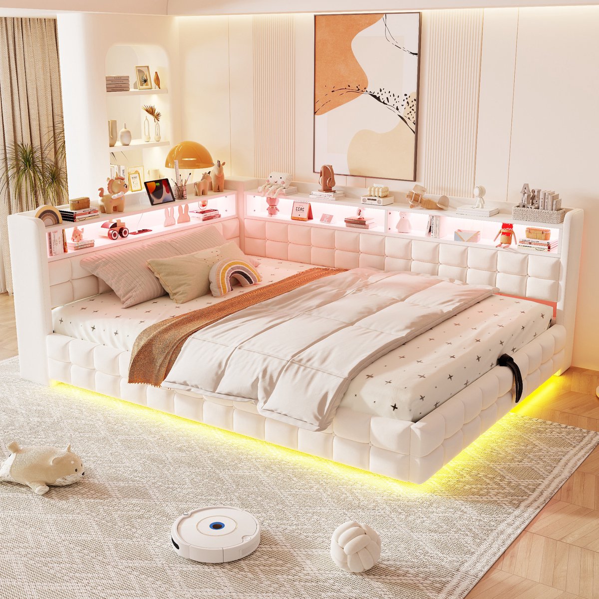 REDOM Slaapbank - Hydraulische opbergruimte - Lattenbodem - LED-verlichting met USB en Type-C - Velours - Beige - 140 x 200 cm