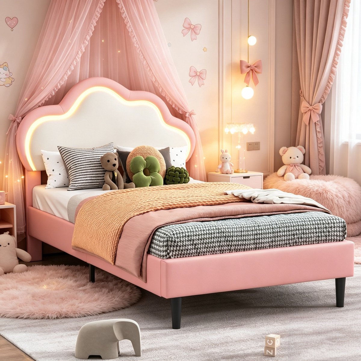 Yelenaro Gestoffeerd kinderbed 90x200 cm, Prinsessenbed met LED-verlichting, eenpersoonsbed voor meisjes, met in hoogte verstelbaar hoofdeinde en lattenbodem, roze, PU, zonder matras