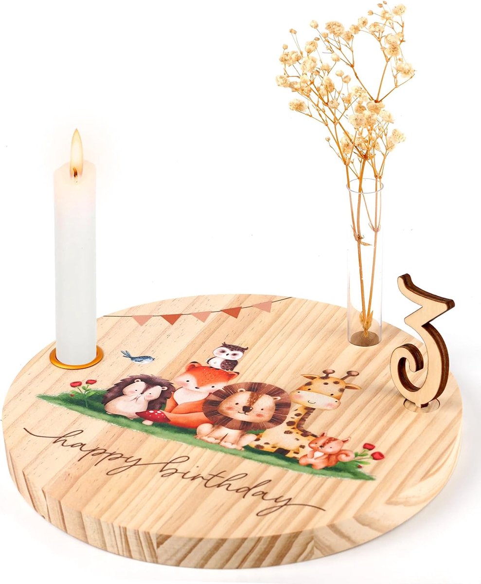 verjaardagsbord van hout met bosdiermotief - verjaardagsdecoratie met kandelaar, vaas en cijfers 0-9 - cadeau voor 1e verjaardag, baby, kinderen en volwassenen