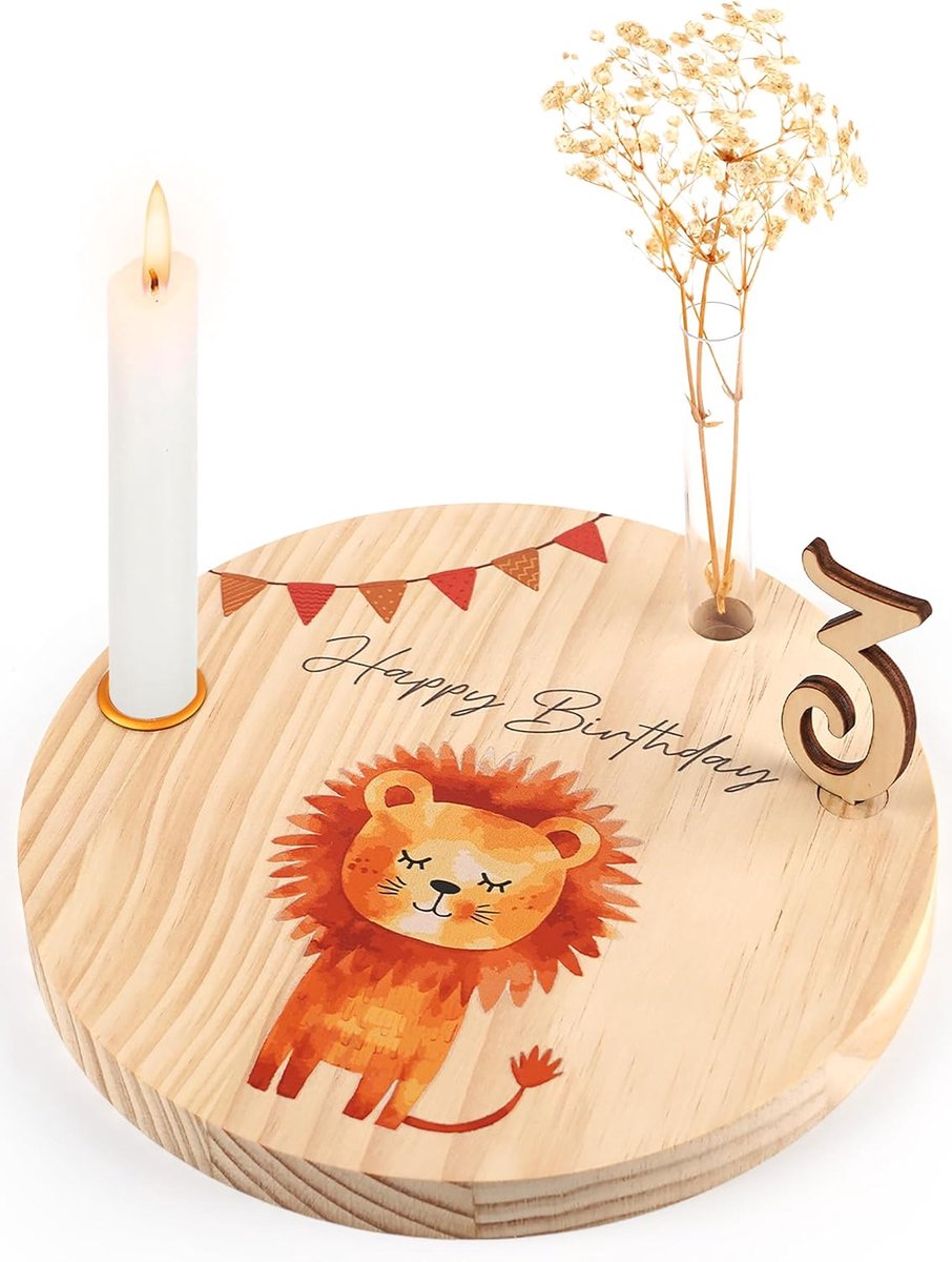 houten verjaardagsbord met leeuwenmotief - verjaardagsdecoratie met kandelaar, vaas en cijfers 0-9 - cadeau voor 1e verjaardag, baby, kinderen en volwassenen