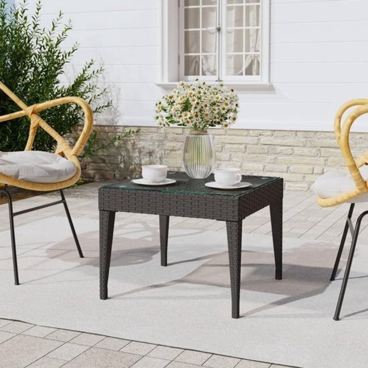 Buitentafel - Tuin Tafel - Drankjes Plaatsen - Gehard Glas - 50x50x38 cm - Zwart