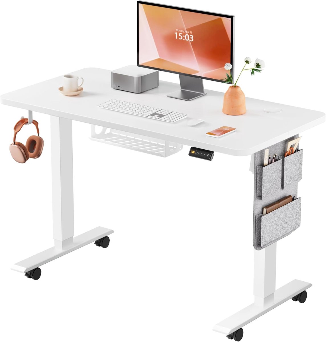 Elektrisch in hoogte verstelbaar bureau, 100 × 60 cm, zit-sta-bureau met kabelgoot, haken en opbergvakken, sta-bureau met geheugenbesturing voor thuiskantoor