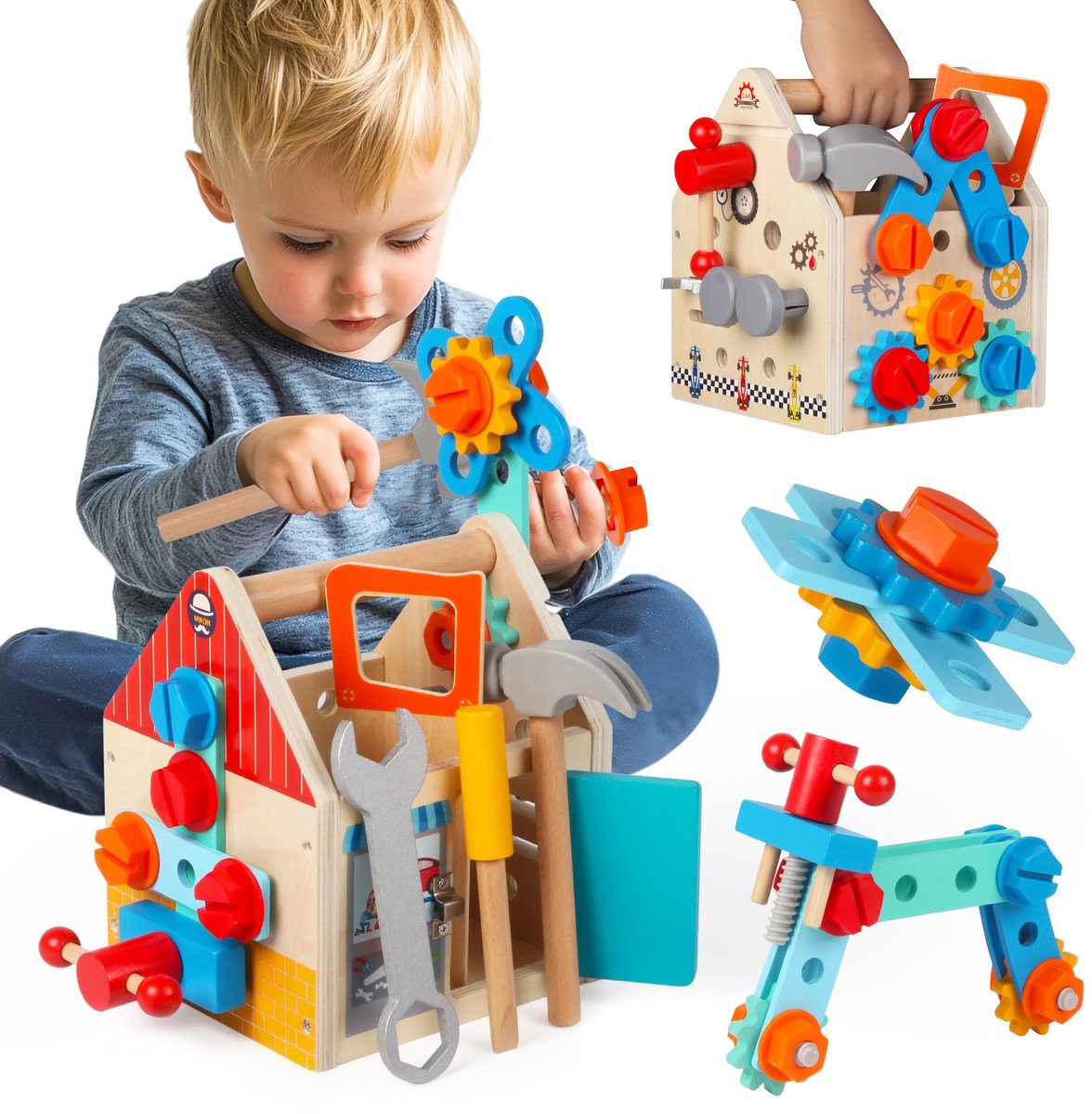 Montessori-gereedschapsset voor peuters – Houten Busy Board met bouwgereedschap en schroeven – Educatief fantasiespeelgoed – STEM-speelgoed voor de fijne motoriek – Cadeau voor jongens en meisjes