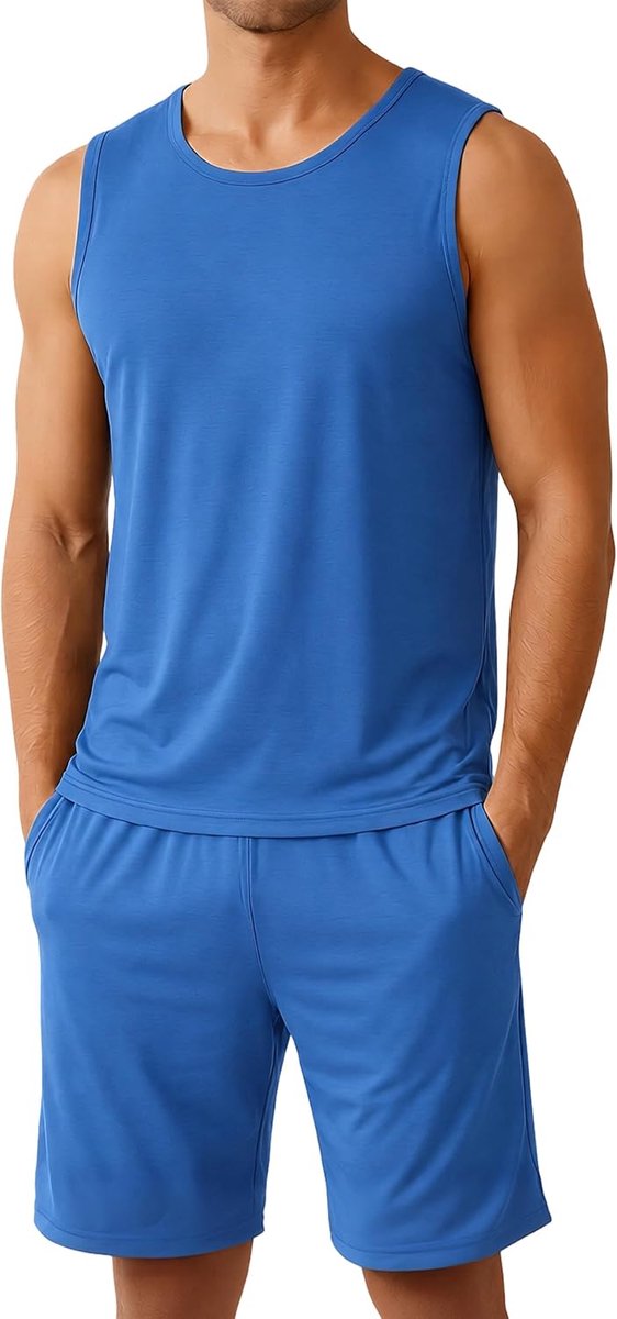 Pyjamaset voor heren, mouwloos, zachte tanktop met zakken, loungewear, effen kleur, nachtkleding, Donkerblauw, L