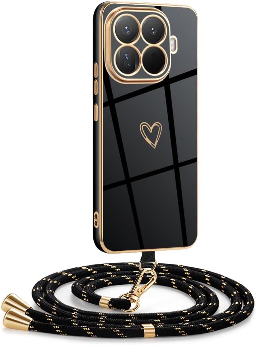 Compatibel met Xiaomi 17T Pro 5G, hoes met koord, gegalvaniseerde siliconen telefoonhoes met hart love design, afneembaar en verstelbaar telefoonkoord voor Xiaomi 17T Pro 5G