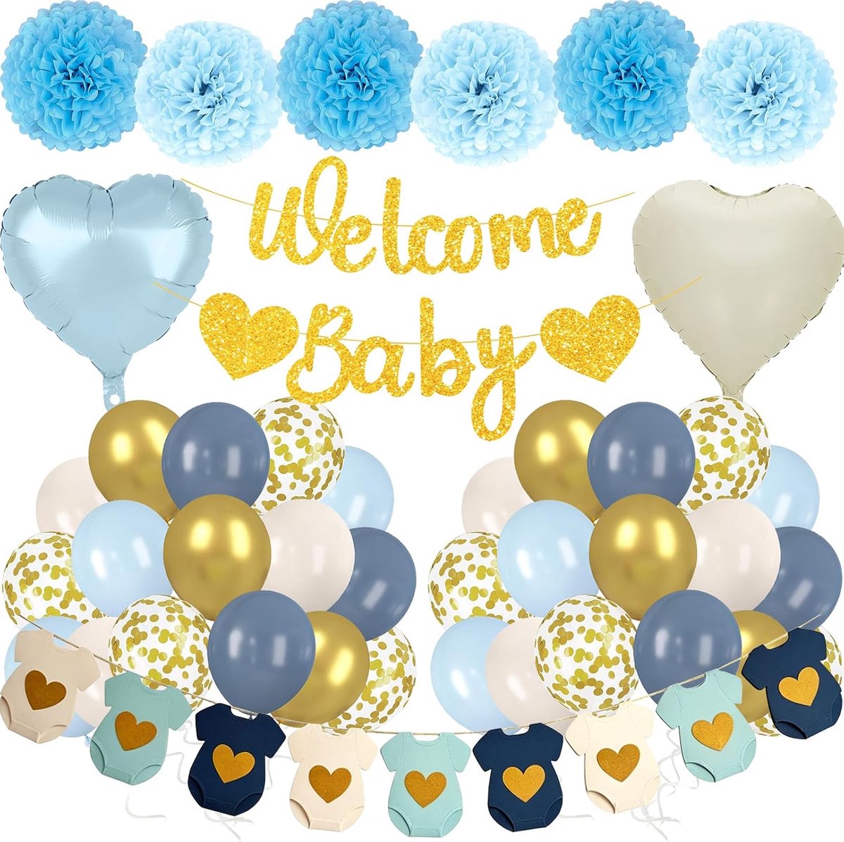 Blauw, zandwit, babyshower, decoratie, neutraal met Welcome Baby banner, blauwe ballonnen, papieren pompons voor babyshower, babyshower, jongensdecoratie