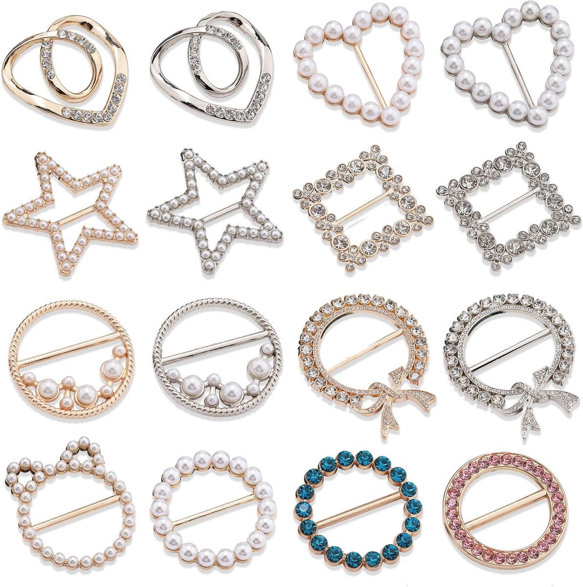 Set van 16 Broche Pañuelo, 9 Ontwerpen Clip de Cárdigan, Metalen Broches para Ropa Mujer met Hartjes Sterren Kunstparels en Strass voor Sjaals T-Shirts Hemden en Rokken