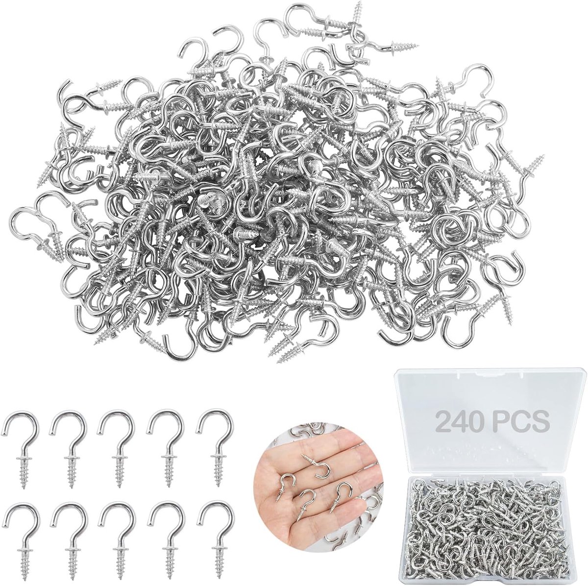 Haken, klein, 1/2 inch, zilver, schroefhaken, metaal, schroefhaken, plafond voor oppervlakken, kunststof, hout, ophangen, planten, kunstdecoratie, Kerstmis (met doos)