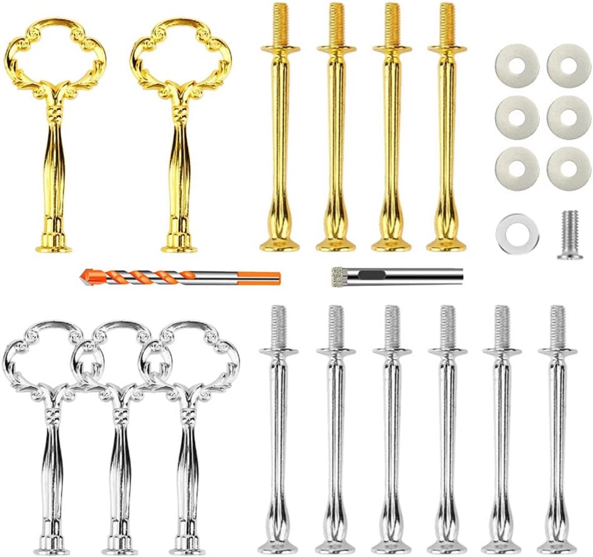 Taart Stand Accessoires Kits 5 Sets Taart Stand Bevestigingen Handvat Houder Staven Metalen 2/3 Niveaus Goud en Zilver voor Taart Dienblad Bloemvorm