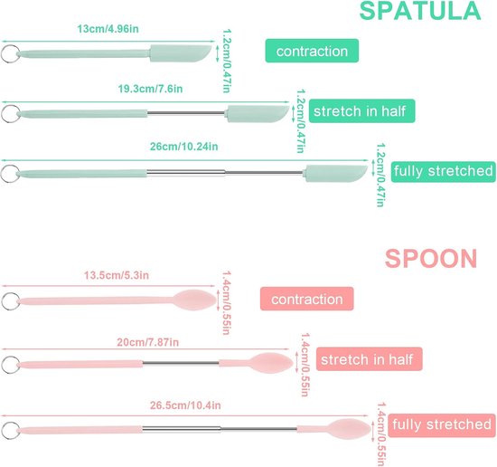 Spatel Siliconen en Lepel, 4st Mini-Spatels 4st Telescopische Lepels Intrekbaar Kleine Make-Up Spatels Set voor Keuken Voedsel Smalle Fles Blik Cosmetica (Roze, Groen) — afbeelding 2