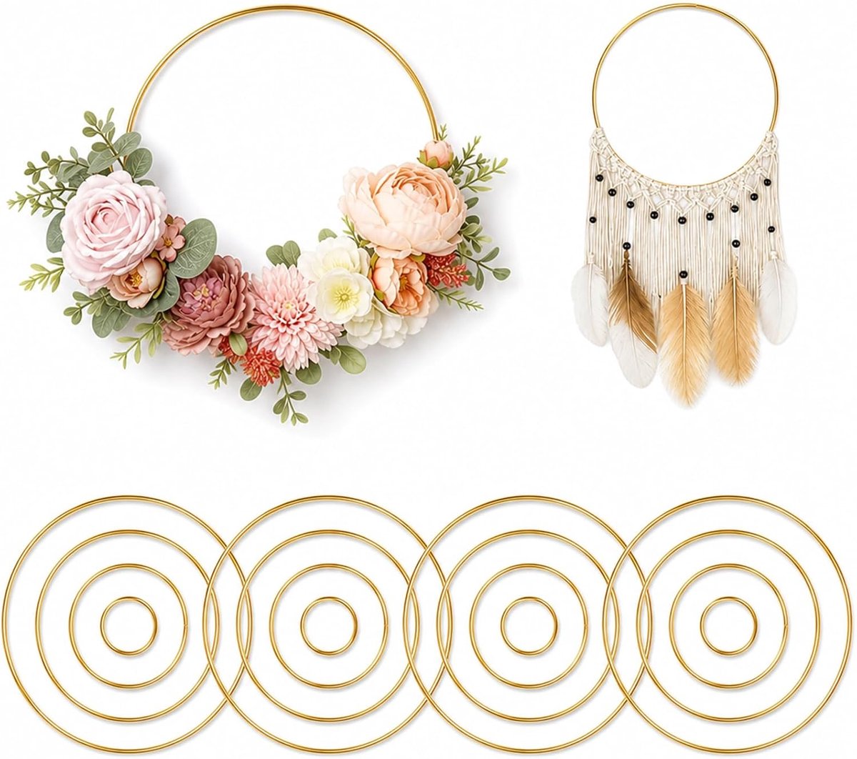 16 stuks metalen ringen om te knutselen, 4 maten 5/10/15/20 cm, gouden metalen decoratieve ringen, robuuste knutselringen voor dromenvangers, macramé, doe-het-zelf, bloemistiek en bruiloft