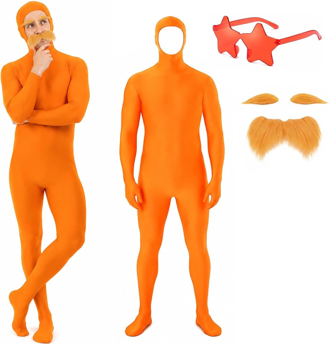 Full-body pak, 3-delig carnavalskostuum voor heren en dames, met sterrenbril en snor, volwassenen, bodysuit, open gezicht, jumpsuit, carnavalskostuum voor Halloween, carnaval, feest