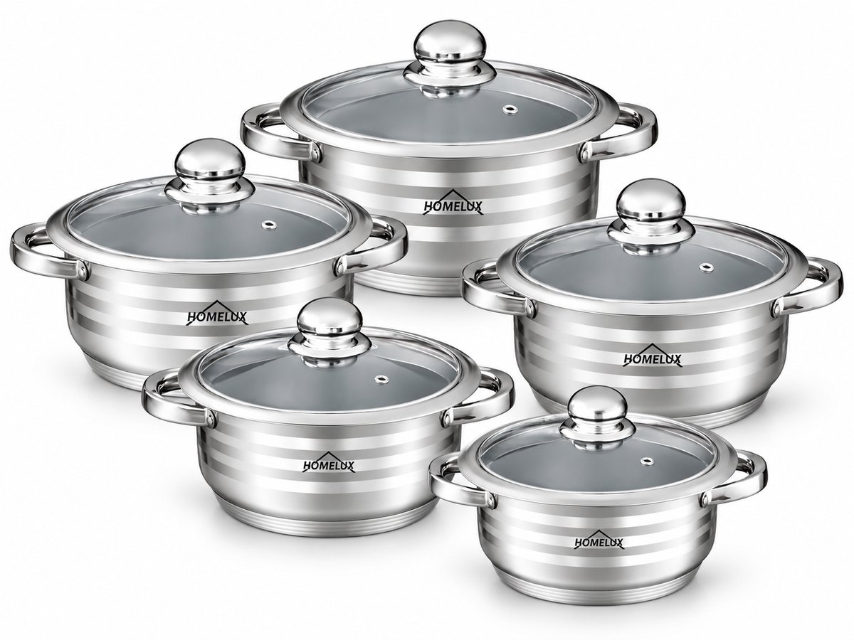 Homelux 10-delige inductiekookset, roestvrijstalen steelpan met glazen deksel, geschikt voor alle soorten kookplaten
