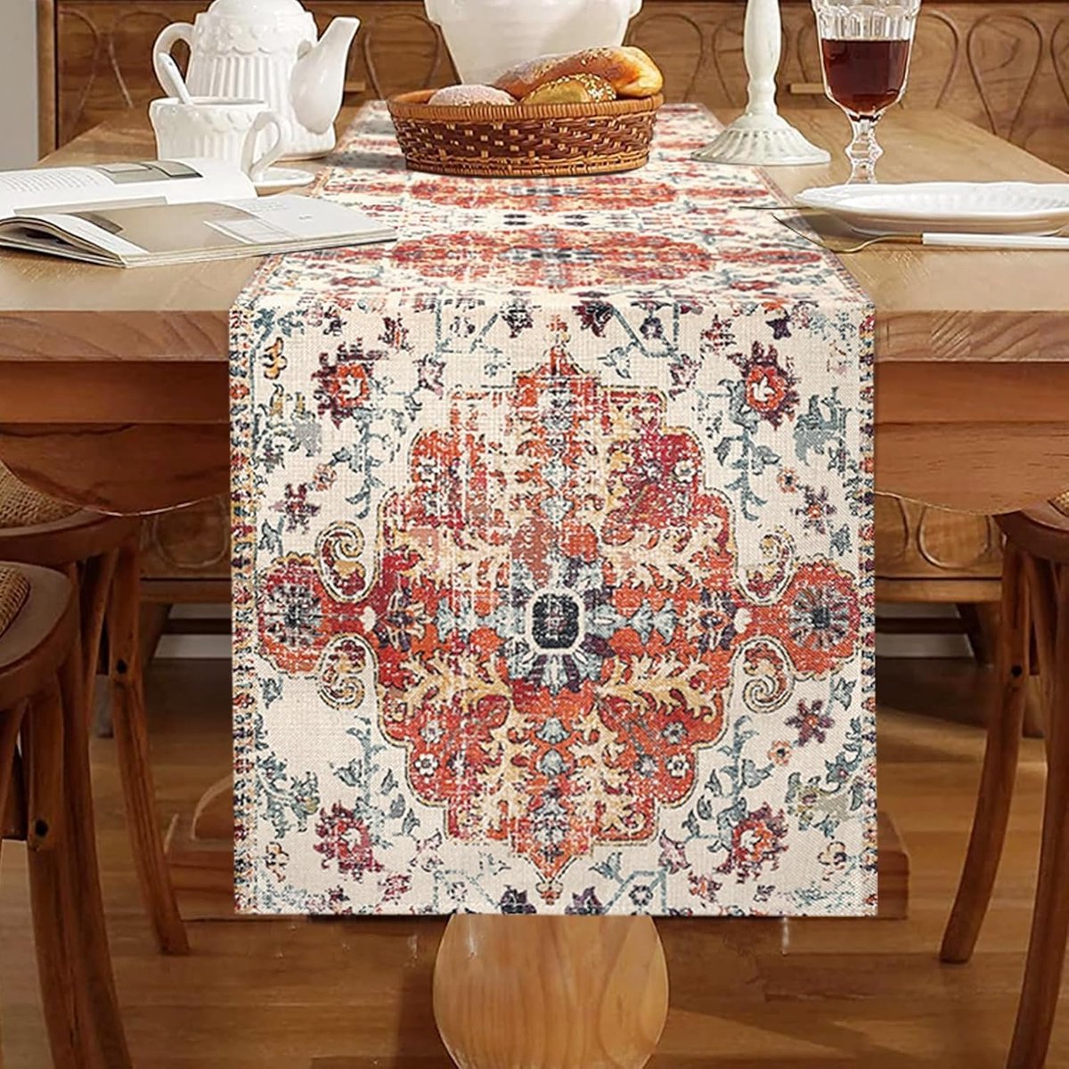 Tafelloper, 33 x 183 cm, vintage tafelloper, boho-stijl, oranje, geometrie, bloemen, tafelkleed, etnische tafelloper, decoratief, voor keuken, feest, eetkamer, bruiloft, restaurant, camping