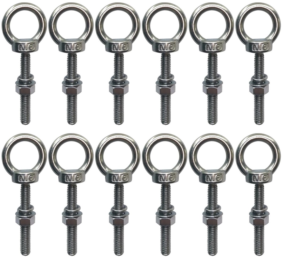M6 x 40 mm, 12 stuks oogschroeven met zeskantmoeren en sluitringen, oogschroef roestvrij staal, eenheidsgieten, ringschroeven, oogbouten voor bevestiging en ophanging ringbouten