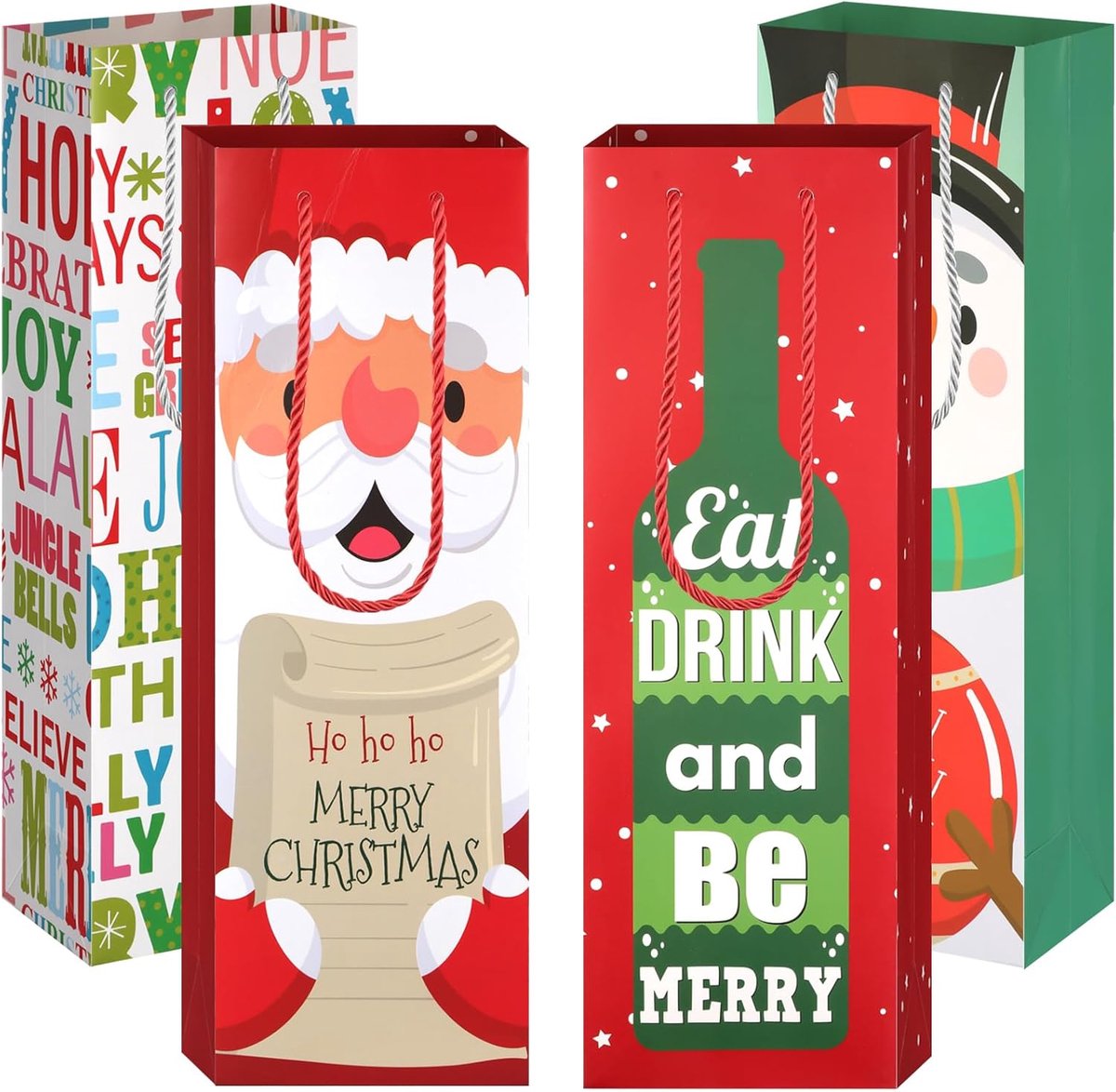 Kerstwijnfleszakken, 12 stuks wijnflesjes geschenkzakjes met handgrepen, stevige wijndraagtas in 4 ontwerpen voor feest, Kerstmis, Halloween, bruiloft, verjaardag, festival, feest,