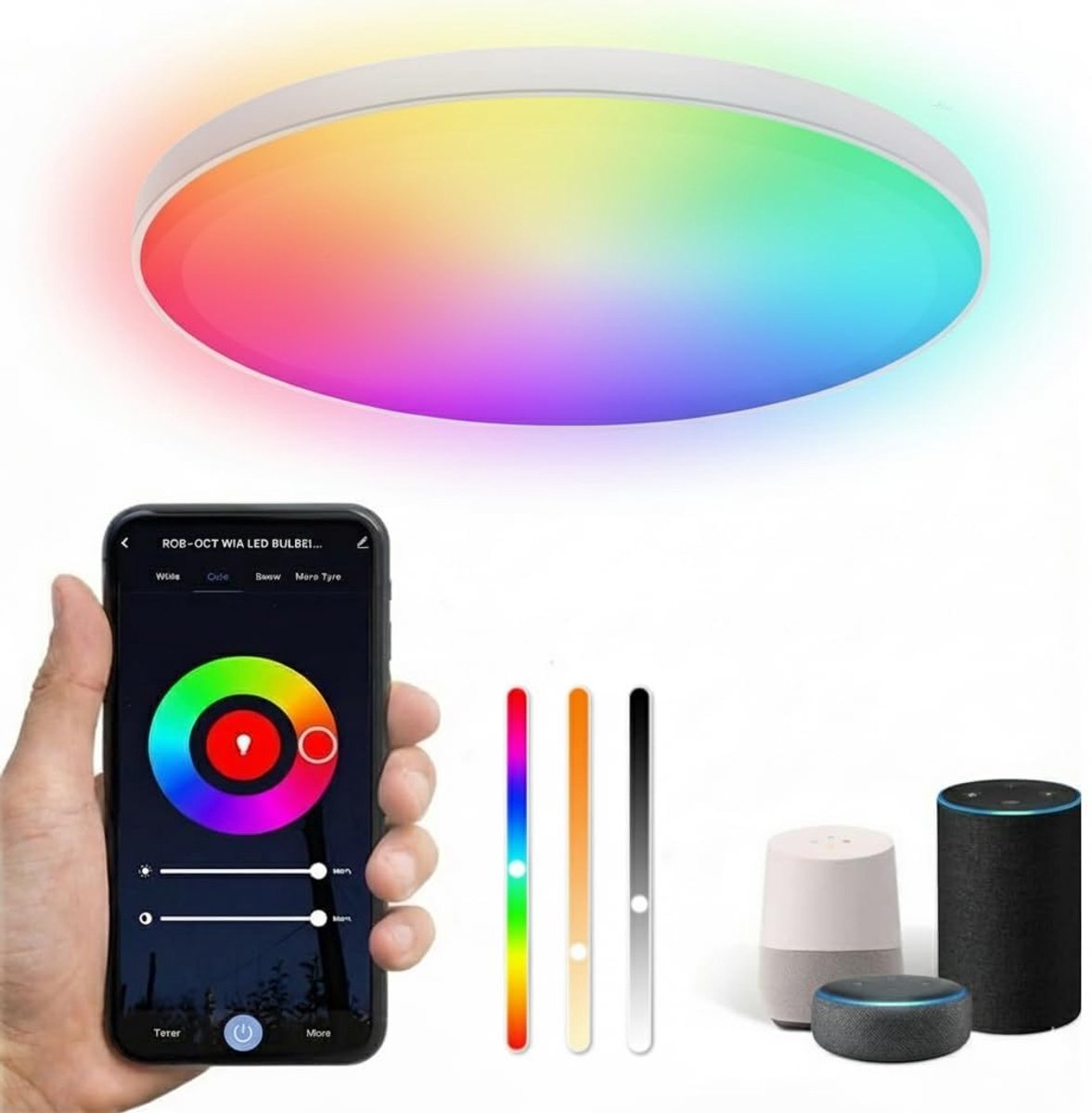 Dimbaar, 24 W, diameter 30 cm, smart kleurverandering, rond, plat, plafondverlichting met 16 miljoen doe-het-zelf kleuren, compatibel met Alexa en Google Assistant, voor woonkamer