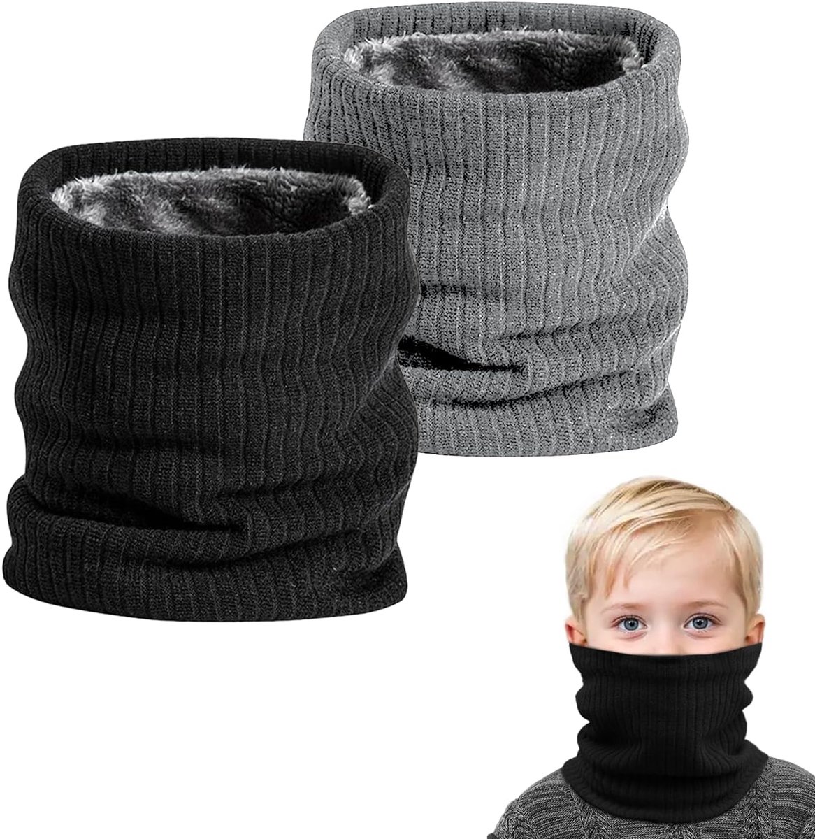 2 stuks winterhalsslang voor kinderen, ski, colsjaal voor kinderen, loopsjaal, nekwarmer, gezichtssjaal, winddicht, thermo, fleece, ronde sjaal voor fietsen, joggen, zwart lichtgrijs