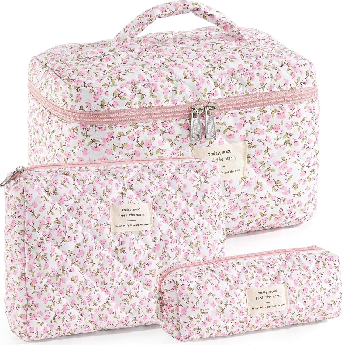 3-delige Roze Cosmetica Organizer Reistas, Reistas Dames, Gewatteerde Make-up Tas, Katoenen Organizer Set Groot Vrouwen Meisjes Reisetas, Bloemenprint