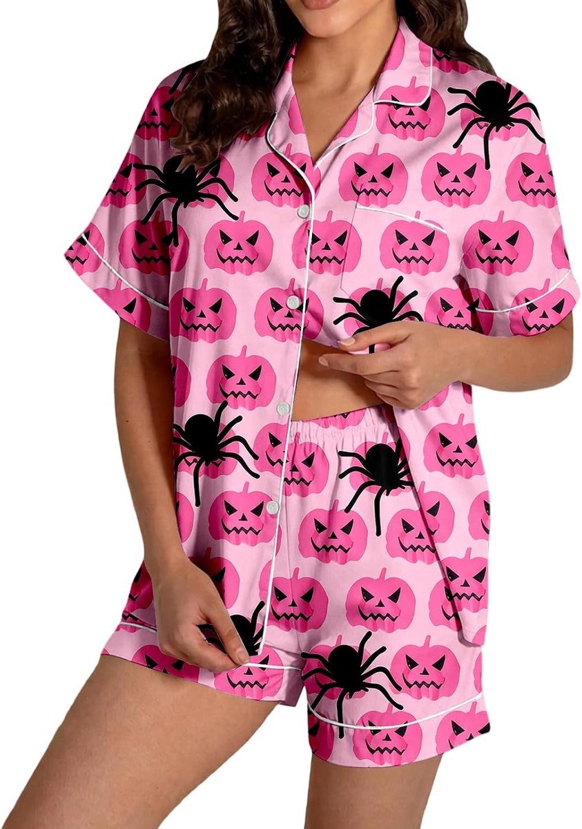 Gebreide pyjama met Halloween-print en korte mouwen en reverskraag