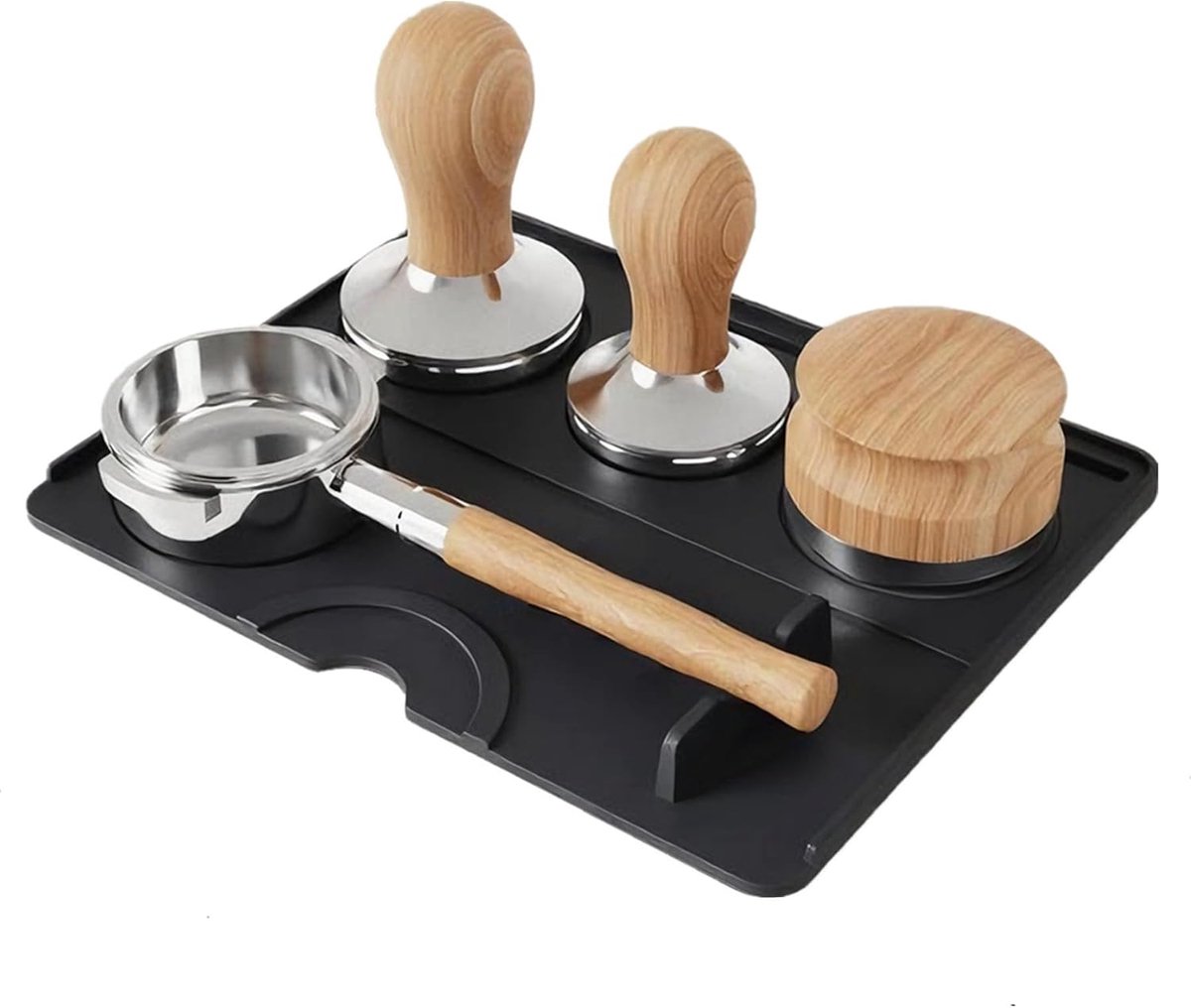 Siliconen mat voor het stampen van espresso-koffie, antislip, hittebestendig en waterdicht, ter bescherming van het aanrecht, geschikt voor zeefdragers (zwart, plat model)