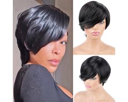 Short Black Bob Wig with Bangs Side Part 1B Chic Elegent Pixie Cut Wigs for Women Wavy Human Hair Glueless Natural Side-Swept Fringe Layered None Lace Remy Real Hair