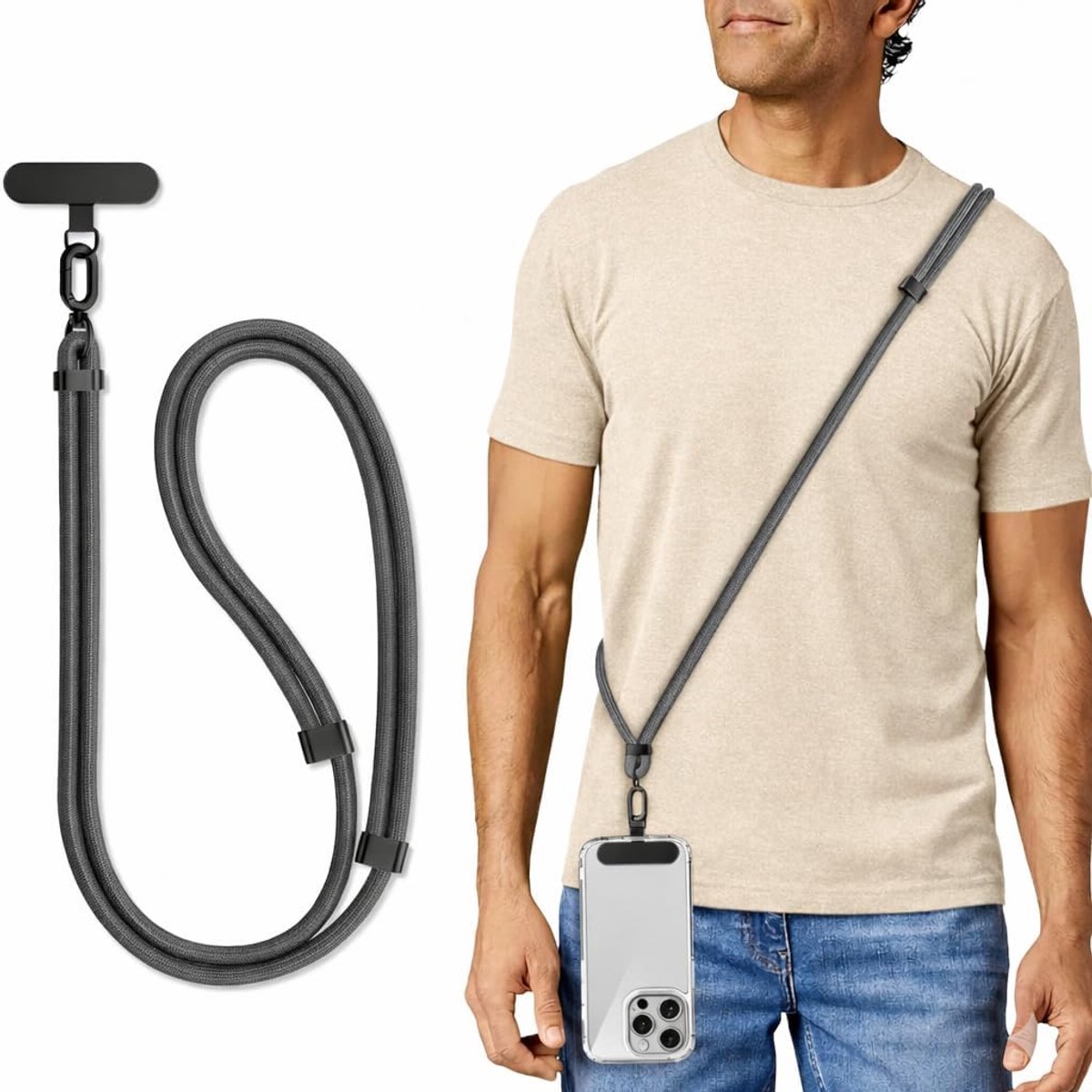 Telefoonketting om te hangen, van dubbel telefoonkoord om om te hangen, telefoonkoord met patch, verstelbare telefoonband combineerbaar met elke hoes