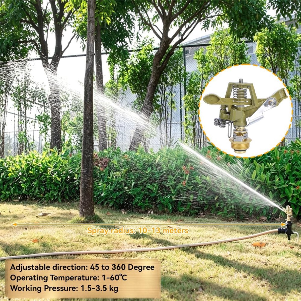 Verstelbaar 45° - 360° patroon 3/4 inch draad zware impactsproeier met sproeiers voor patio gazon tuin golfbaan