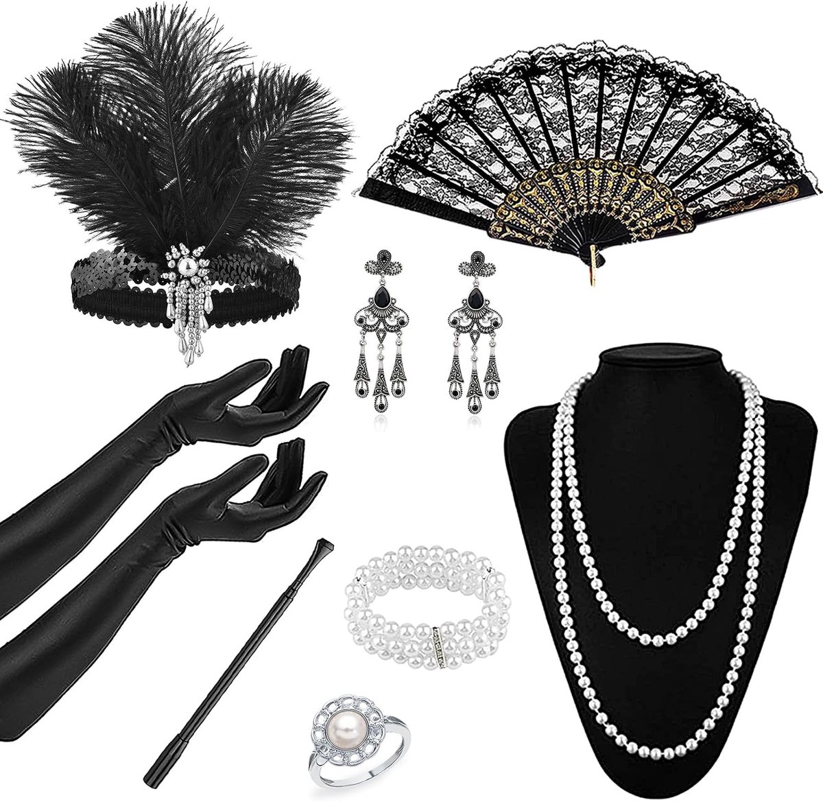 Jaren 20 flapper accessoireset, Great Gatsby accessoireset, bruisende jaren 20-themaoutfit met hoofdstuk, jaren '20, vintage accessoires voor vrouwen