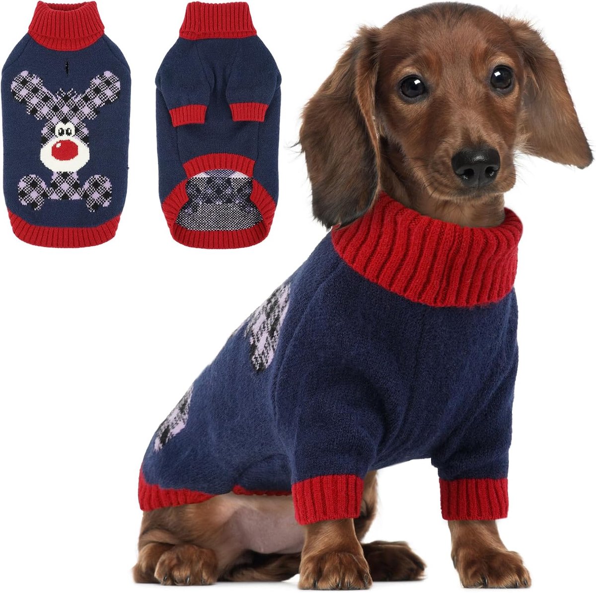 Hondentrui voor Kerstmis - Feestelijk rendier en tartan gebreid | Dik en warm met riemgat | Hoge hals | Ideaal voor Maltees, Bichon Frise, mini-teckel (marineblauw, M)