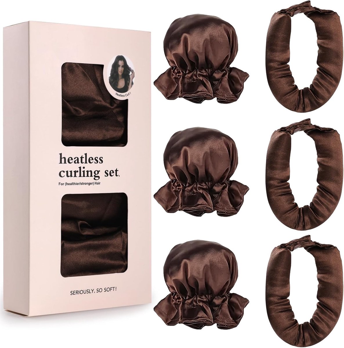 Krulspelden zonder hitte, set met 3 + 3 krulspelden zonder hitte, haarverzorging voor de nacht, krulspelden om te slapen, zachte krulspelden zonder hitte voor alle haartypes (bruin)