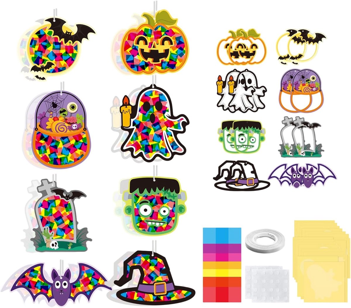 16 Stuks Halloween Raamfiguren Knutselpakket Kinderen, Halloween DIY voor Raamversiering, Herfstdecoratie Raam Kinderen voor Groepsactiviteiten in de Kleuterschool en DIY