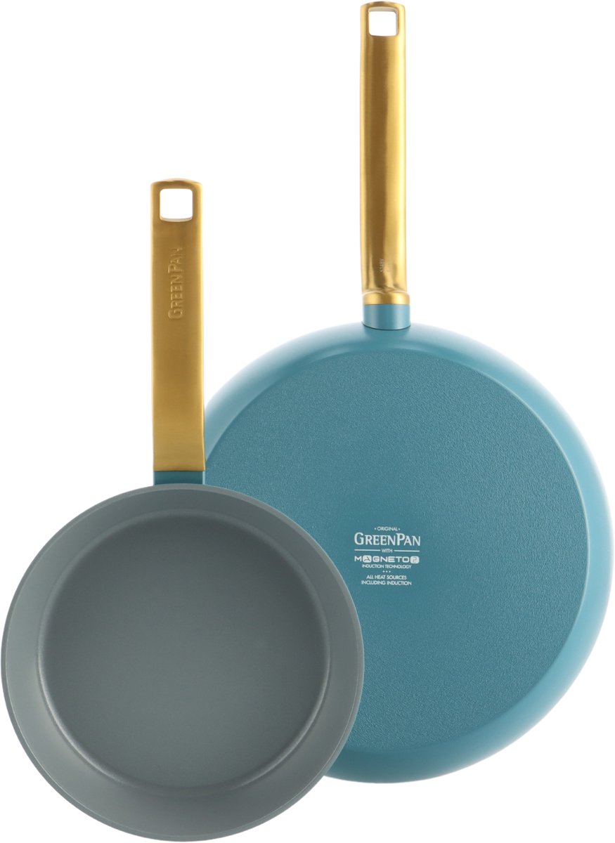 GreenPan Evolution Pannenset 2-delig - 20/28cm - PFAS-vrije antikleeflaag - Inductie pannenset - Keramische pan - Ovenbestendig tot 200°C - Gouden RVS handgrepen - Zonder deksel - Sky Blue