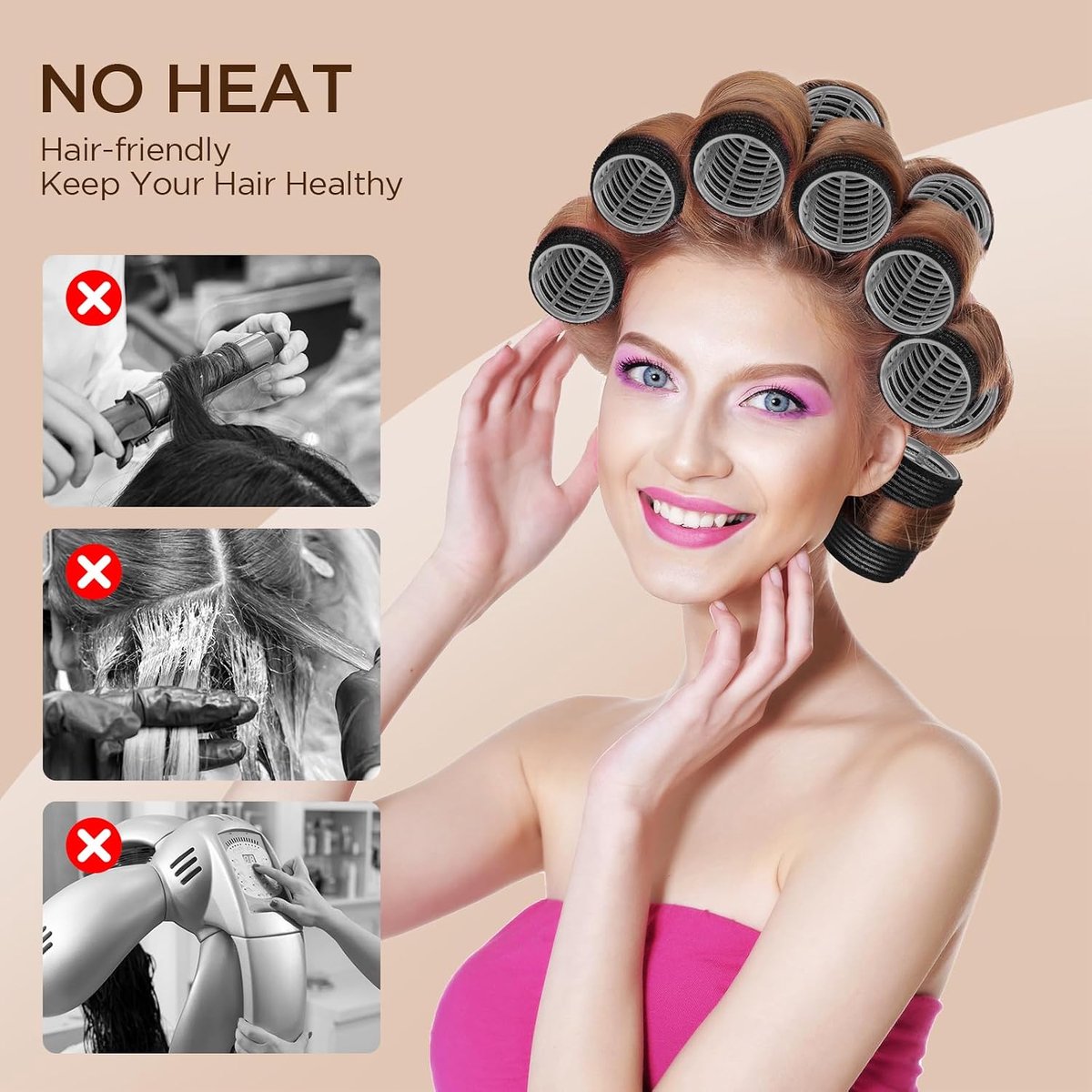 28-delige haarrollerset, 18 hittevrije krulrollers in 3 maten (60 mm, 46 mm, 36 mm) en 10 haarclips voor alle haartypes (kort, medium of lang)