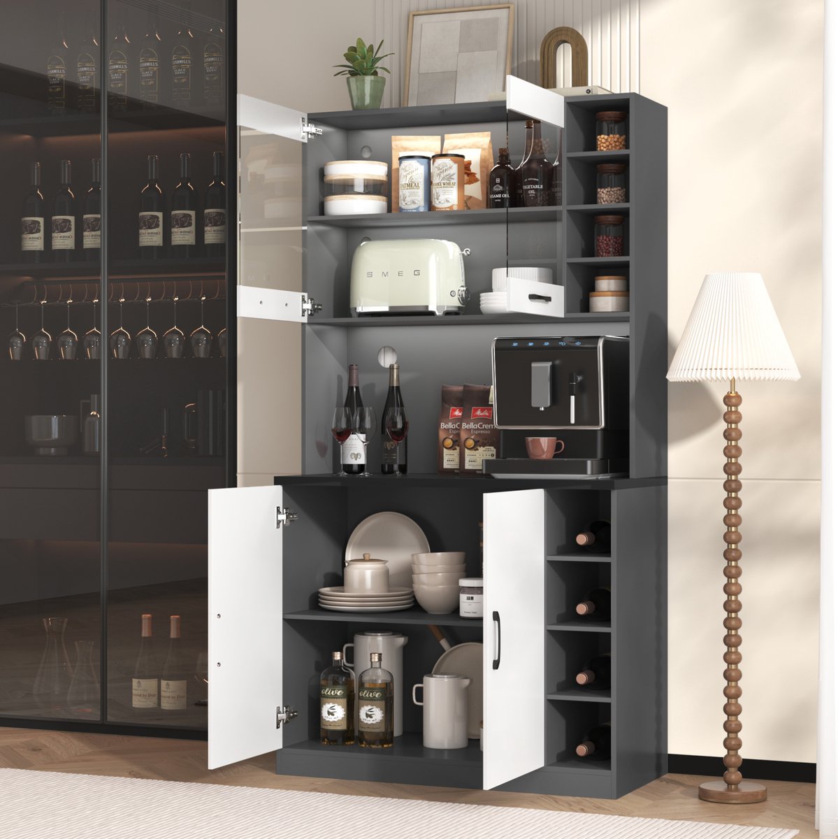 MEUNIQ Keukenkast 100 x 47 x 187 cm met LED-verlichting, bovencompartiment van glas, magnetronnis, verstelbare zijvakken, kabeldoorvoer en dubbele deuren, grijs/wit
