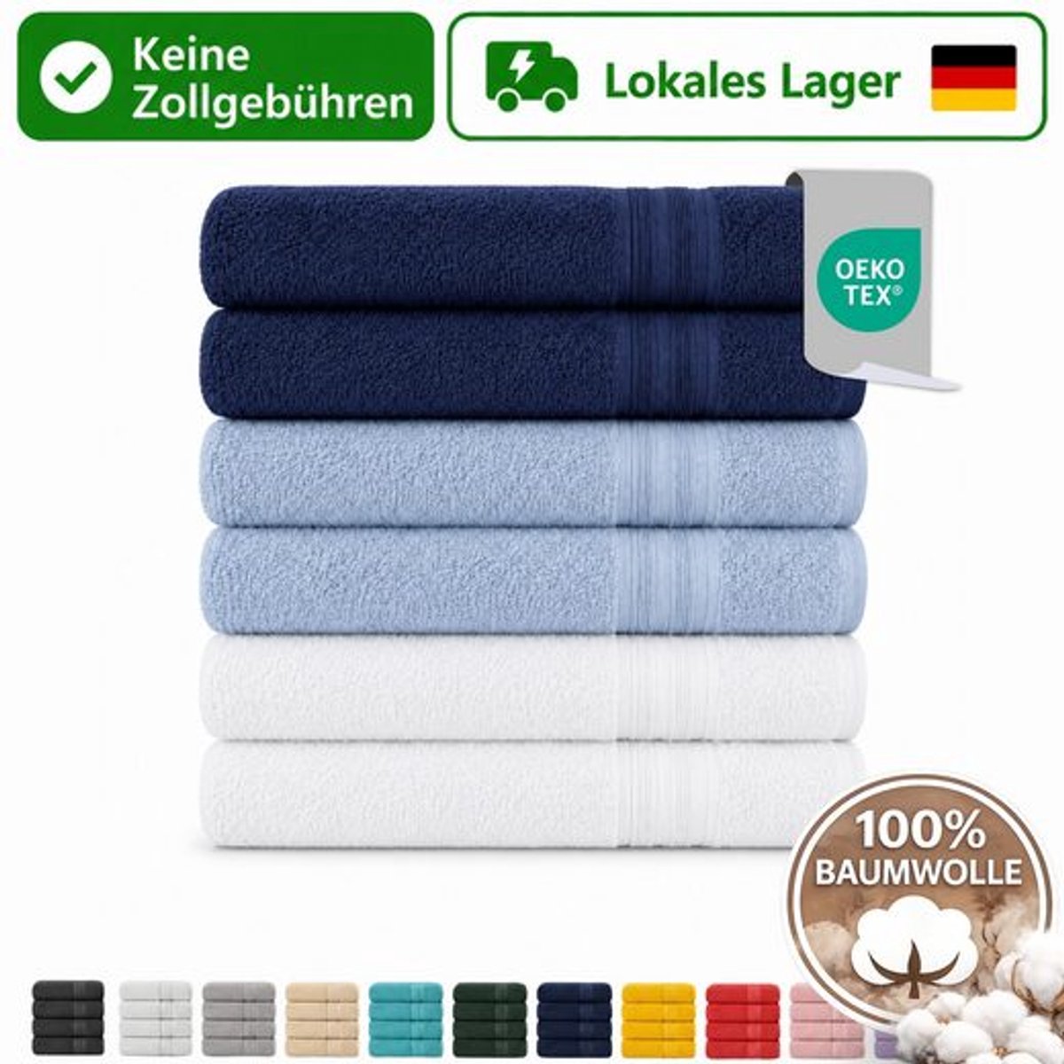 Komfortec Set van 6 Badhanddoek 100x200 cm van 100% Katoen, XXL Saunahanddoek, Grote Douchehanddoek, Zacht & Absorberend, Marineblauw&Lichtblauw&Wit