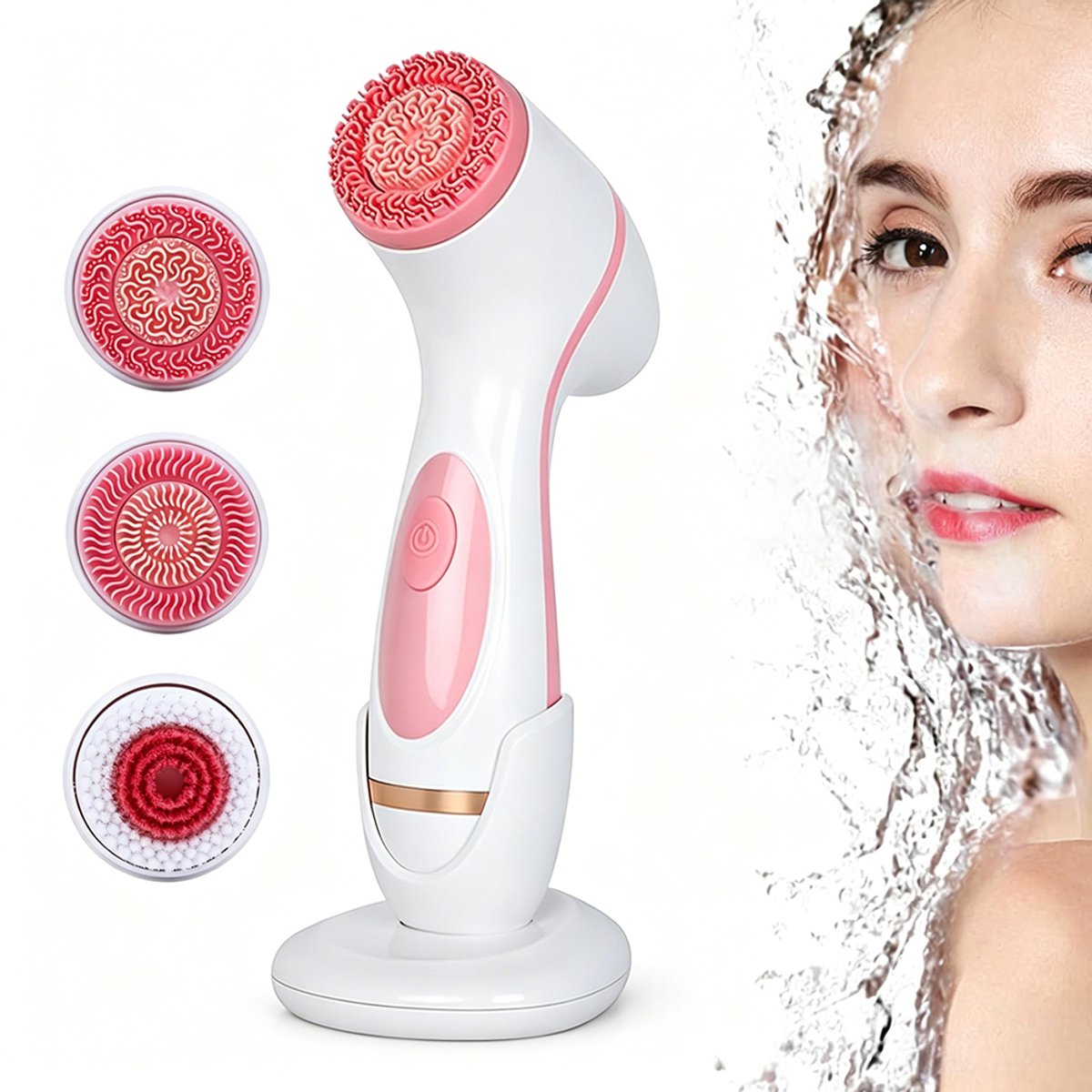 Multifunctionele gezichtsreinigingsborstel - Massageapparaat voor schoonheid - Draagbaar gezichtsreinigingsapparaat - Roterende gezichtsmassager - Inclusief 3 accessoires - Voor thuisgebruik - Waterdicht - USB-kabel - Cadeau - Roze