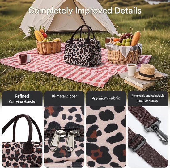 Geïsoleerde lunchtas - Kleine geïsoleerde lunchtas - Geïsoleerde lunchtas - Opvouwbare lunchbox - Luipaardprint - Afmetingen: 29*17*23 cm - Draagbare geïsoleerde tas - Geschikt voor school, kamperen en reizen — afbeelding 5