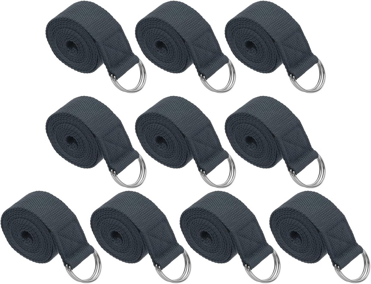 10 Stuks Yoga Band voor Rekken, Katoenen Yoga Strap met Verstelbare D-Ring, Stretchbanden voor Fitness en Pilates in Donkergrijs