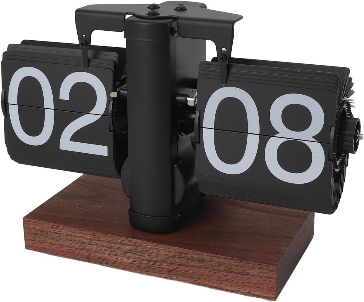 Digitale Tafelklok met Mechanisch Flipmechanisme, Retro 24-Uur Klok voor Bureau en Wand, Stijlvolle Klok voor Thuis en Kantoor met Zwarte Walnoot Basis