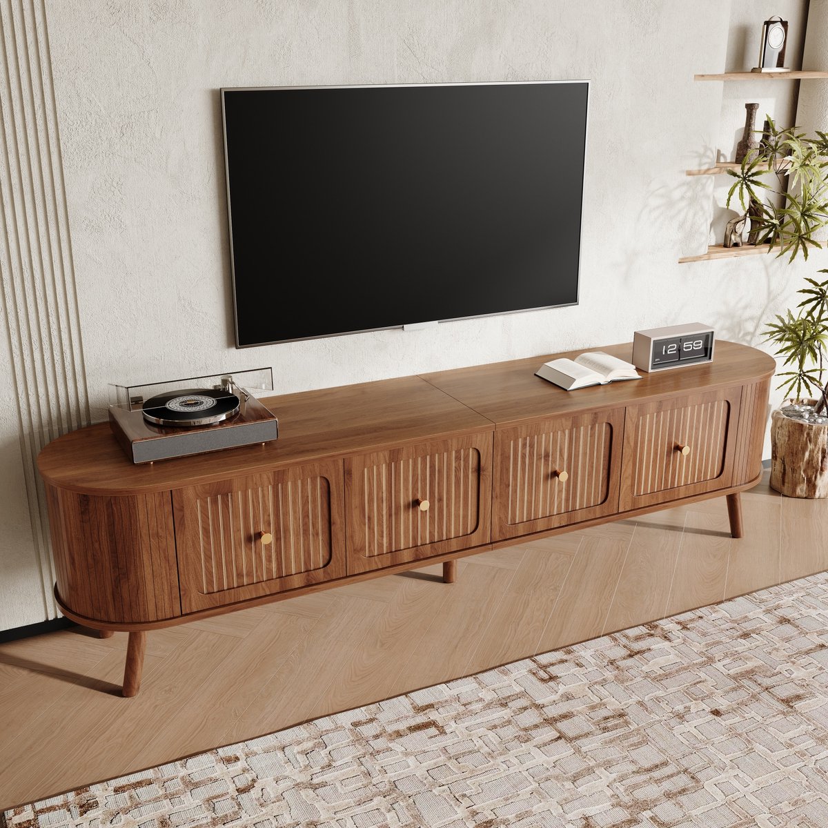MUVANO Tv Meubel Walnoot 180 cm - Retro Tv Kast Hout - Laag Tv Dressoir - Met 4 Klepdeuren - 180x38x47 cm - Opbergruimte Voor Apparatuur - Woonkamer Walnoot
