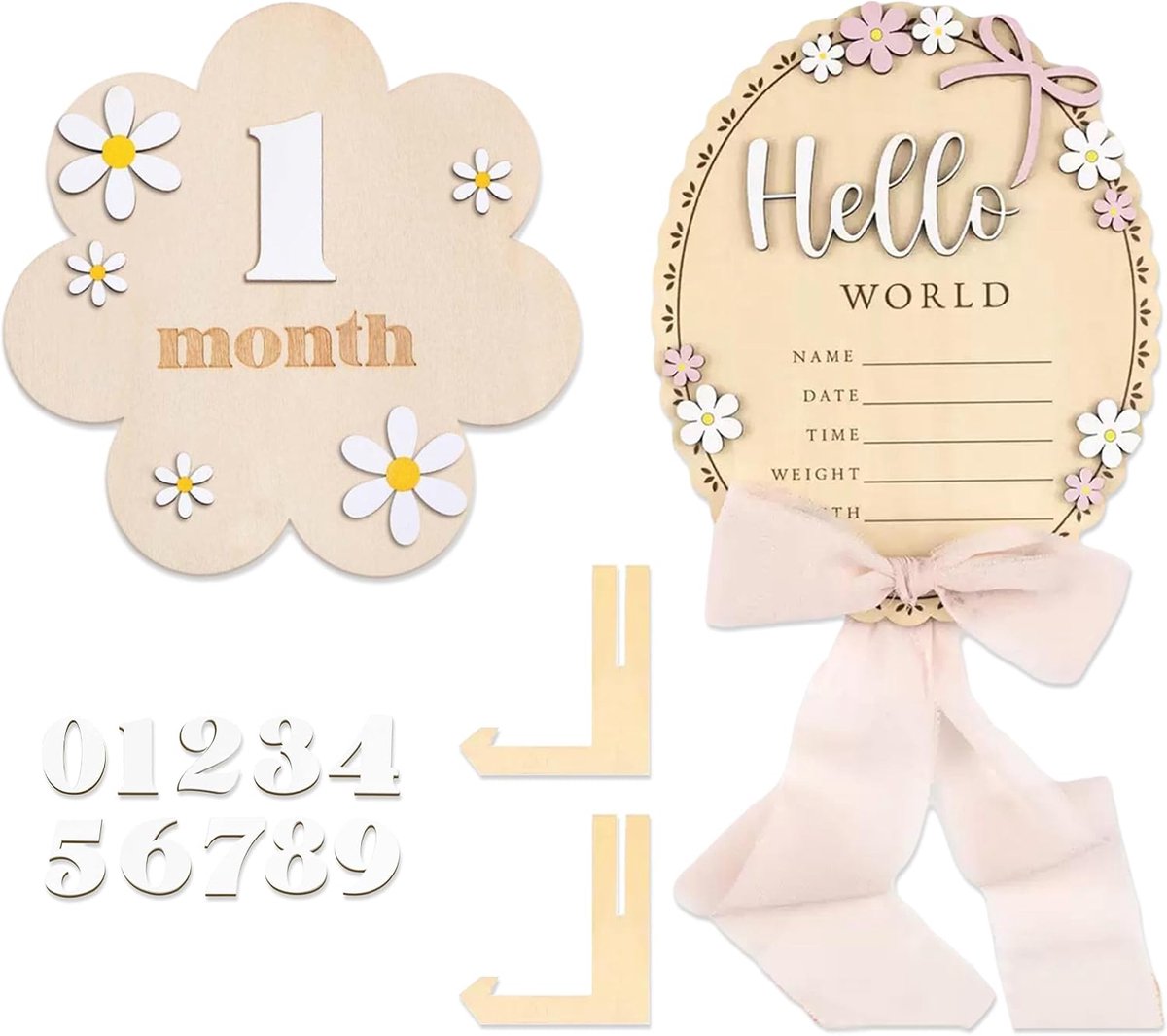 Mijlpaalkaarten, Hello World Houten Bord voor 0-12 Maanden, Mijlpaalkaarten met Standaard en Geboorteaankondiging met Bloemendesign voor foto's en Herinneringen