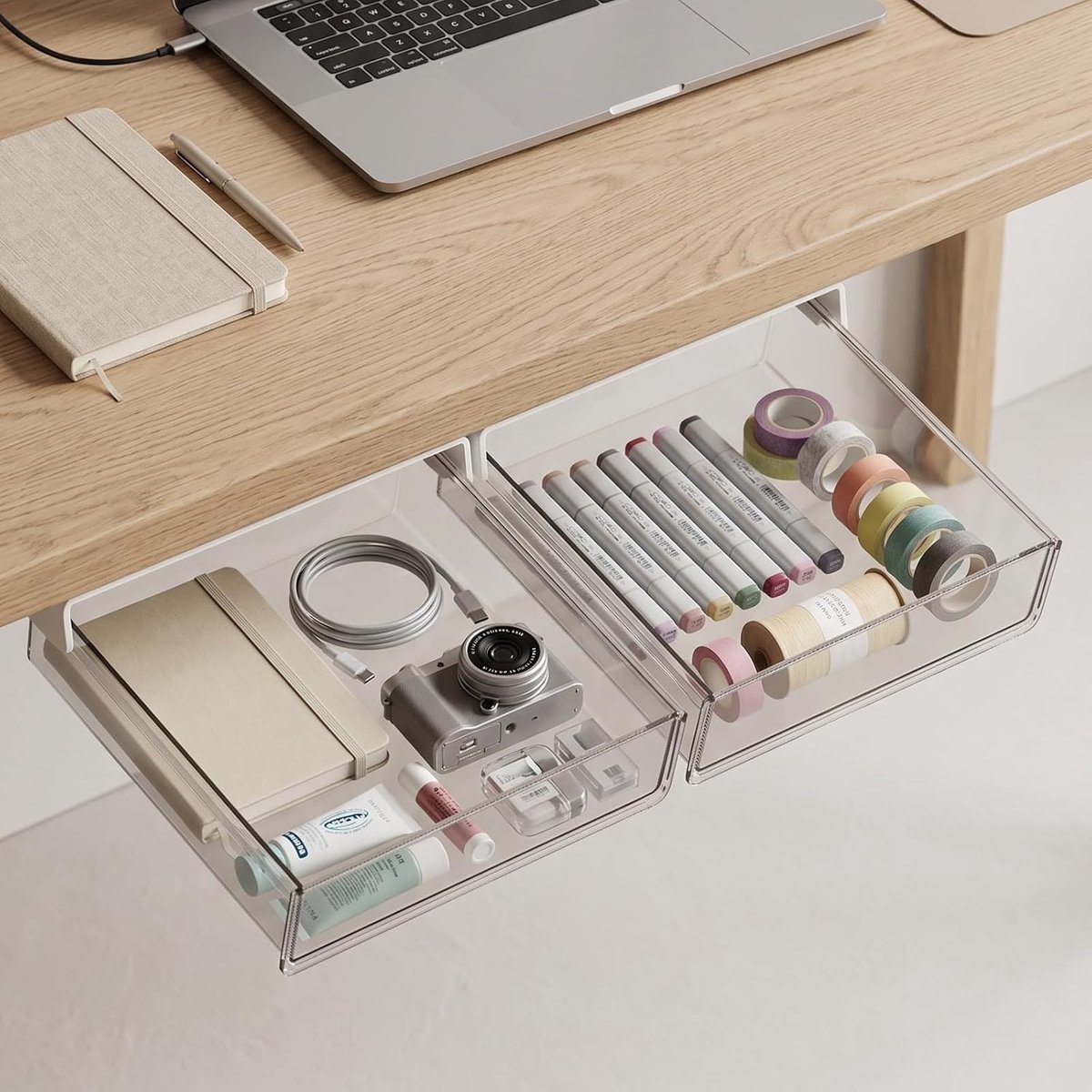 2 stuks ondertafellade, zelfklevend, zonder boren, groot | Transparante lade onder het bureau, verborgen monteerbaar, onder bureau lade, uittrekbaar voor woonkamer, slaapkamer