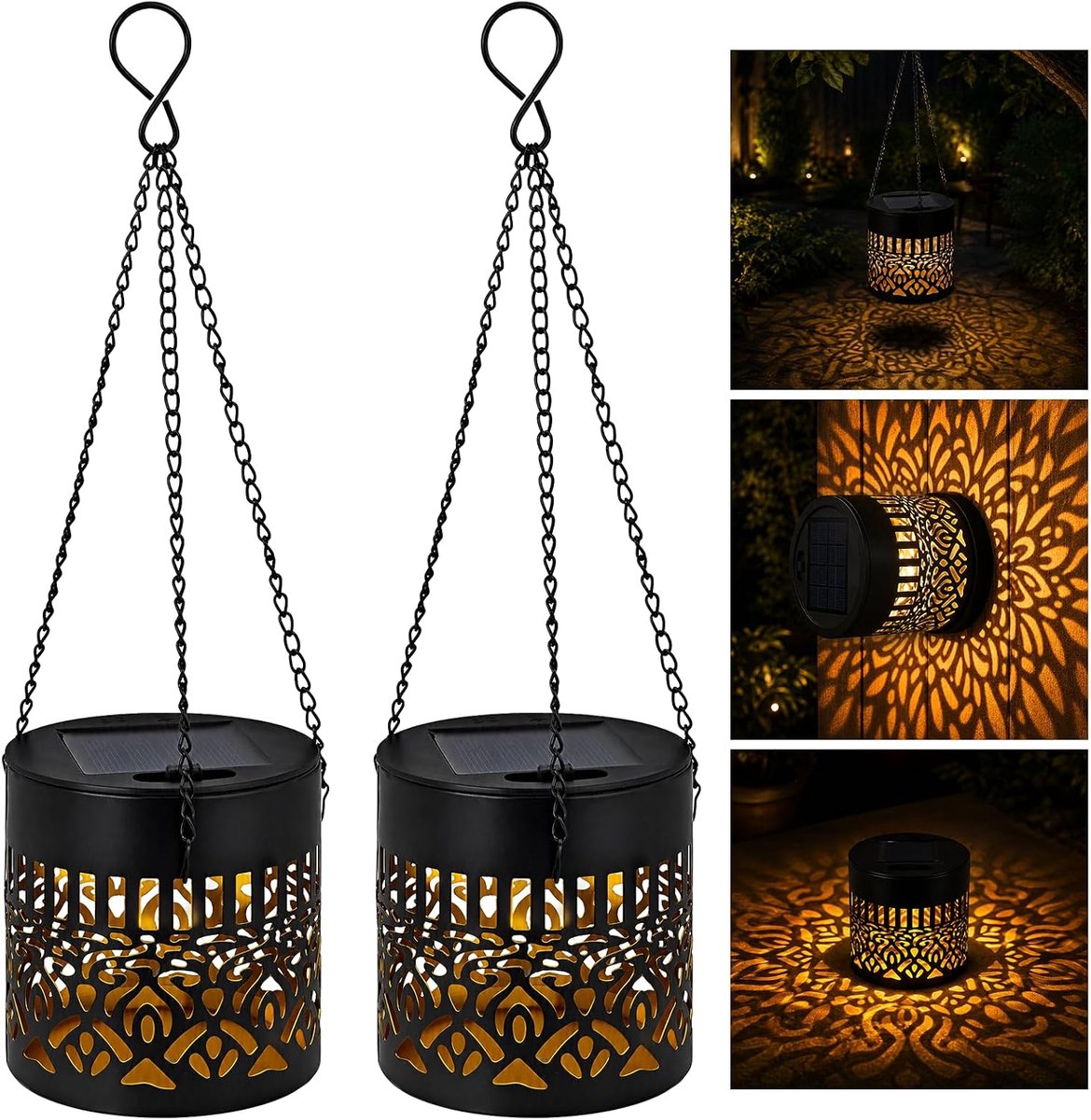 2 Mandala-lampen op zonne-energie, hangende lampen voor buiten in de tuin, mandala-lampen op zonne-energie, lantaarns op zonne-energie voor buitengebruik, metalen LED-tuinlampen voor decoratie in tuin