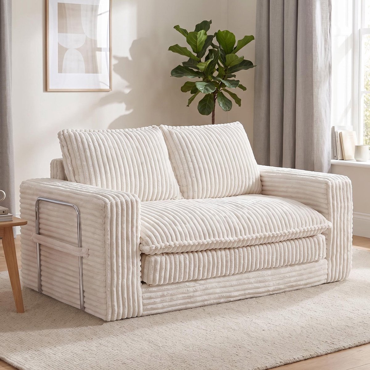 HomeMiYN Slaapbank - Beige 2 persoons slaapbank met corduroy bekleding, ombouwbare bank naar bed, compacte loungebank voor woonkamer slaapkamer